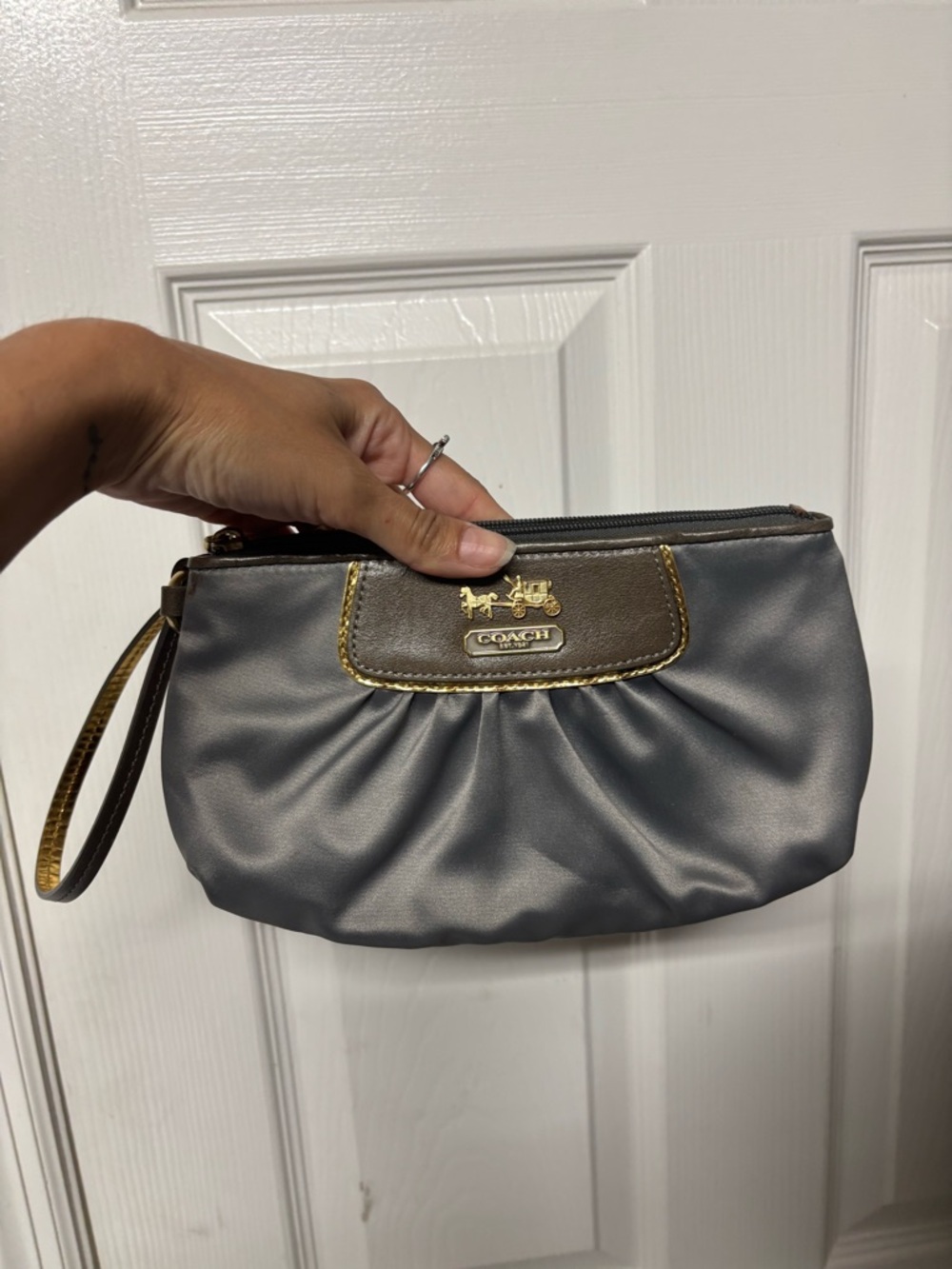 Coach Metallic Grey Wristlet Mini Bag Gold Logo